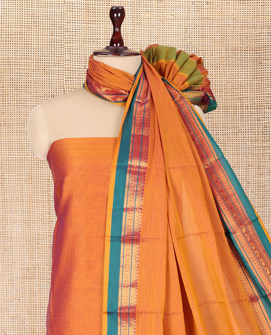 Mango Yellow Mercerised Cotton Material Churidar Features Plain Top, Contrast Rettai Pettu Border, Plain Bottom, Matching Dupatta