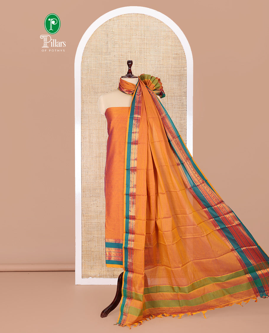 Mango Yellow Mercerised Cotton Material Churidar Features Plain Top, Contrast Rettai Pettu Border, Plain Bottom, Matching Dupatta