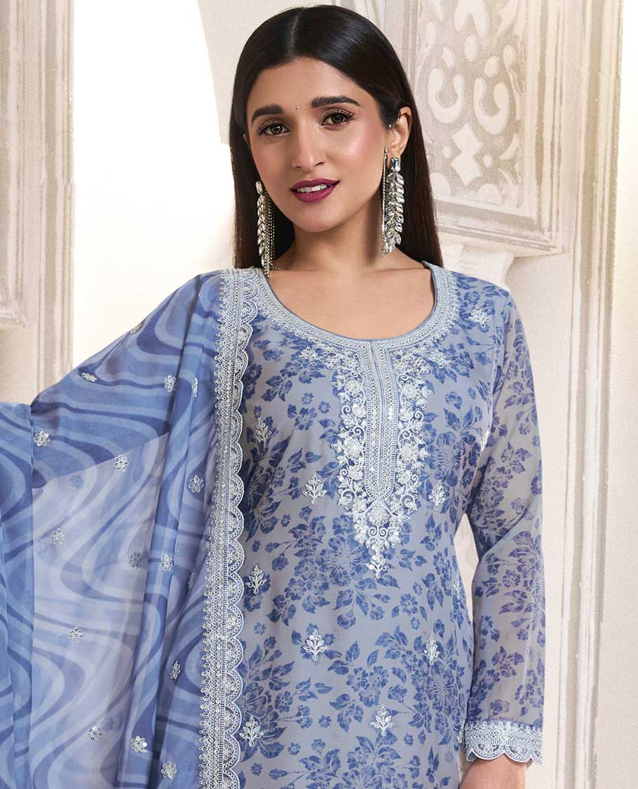 Blue floral printed chudidhar material set floral embroidery top with plain bottom & floral embroidery dupatta