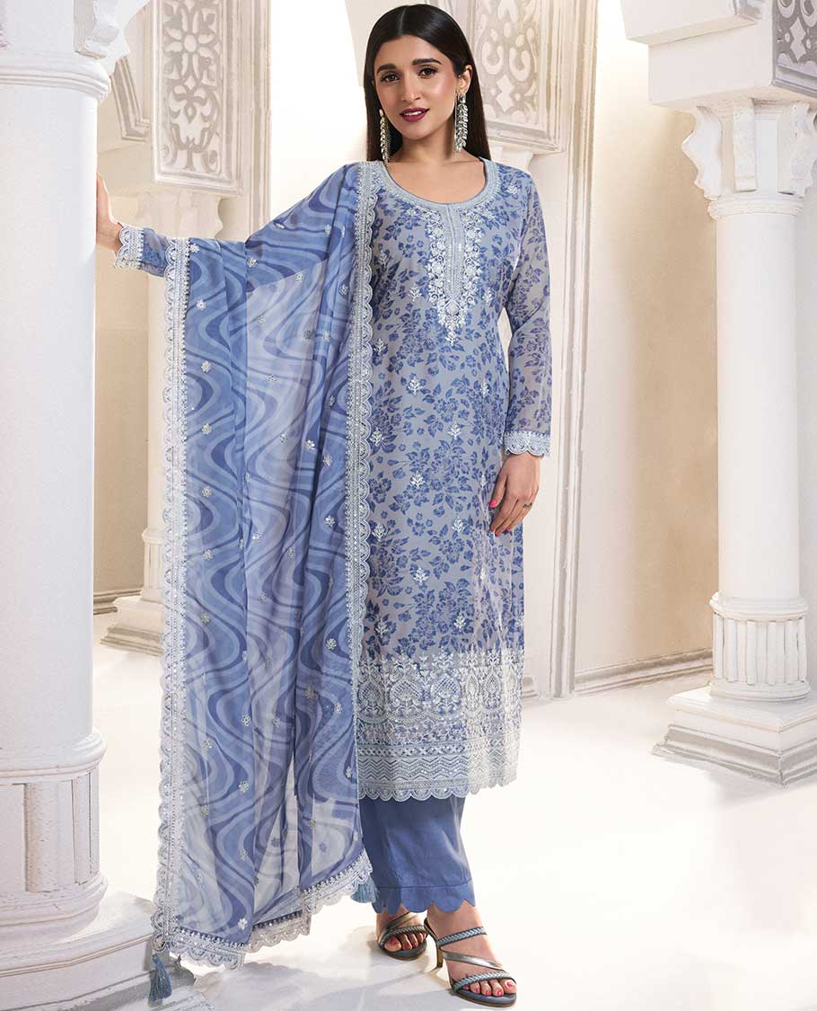 Blue floral printed chudidhar material set floral embroidery top with plain bottom & floral embroidery dupatta