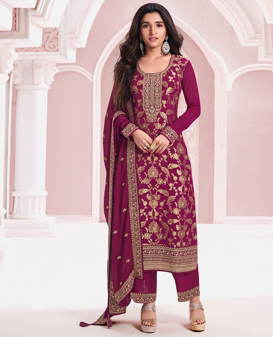Maroon dress material catalouge floral embroidery top with plain bottom & floral embroidey dupatta