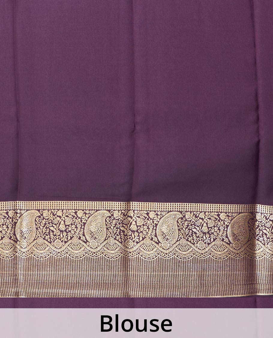 Egglant Purple Mysore Silk Saree Embellished with Floral Zari Buttas All Over Its Body, Complemented by a Zari Border of Traditional Designs, Intricately Designed Pallu, and a Matching Blouse