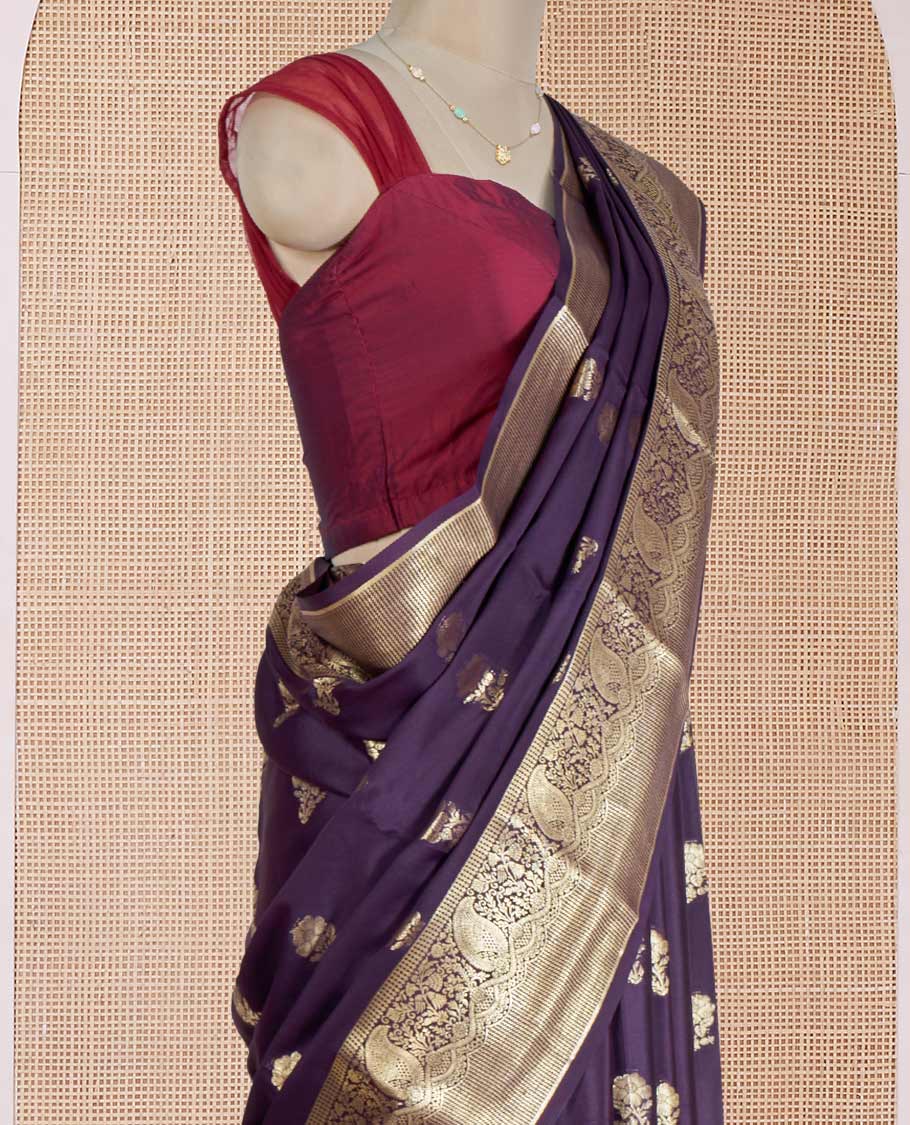 Egglant Purple Mysore Silk Saree Embellished with Floral Zari Buttas All Over Its Body, Complemented by a Zari Border of Traditional Designs, Intricately Designed Pallu, and a Matching Blouse