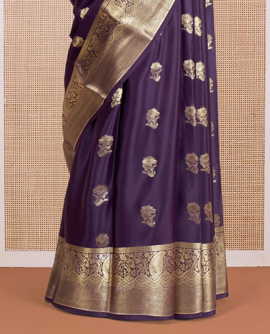 Egglant Purple Mysore Silk Saree Embellished with Floral Zari Buttas All Over Its Body, Complemented by a Zari Border of Traditional Designs, Intricately Designed Pallu, and a Matching Blouse