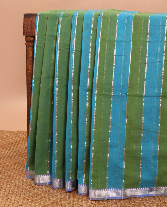 Blue with green striped mangalgiri cotton saree with contrast temple border
