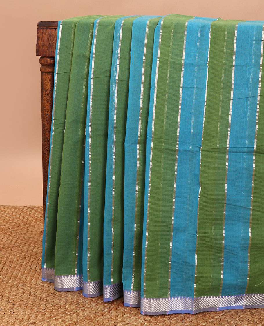 Blue with green striped mangalgiri cotton saree with contrast temple border