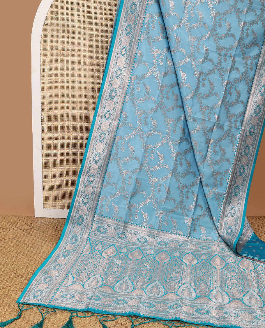 Light blue floral jaal design butter silk saree with self intricate zari design border & floral design pallu
