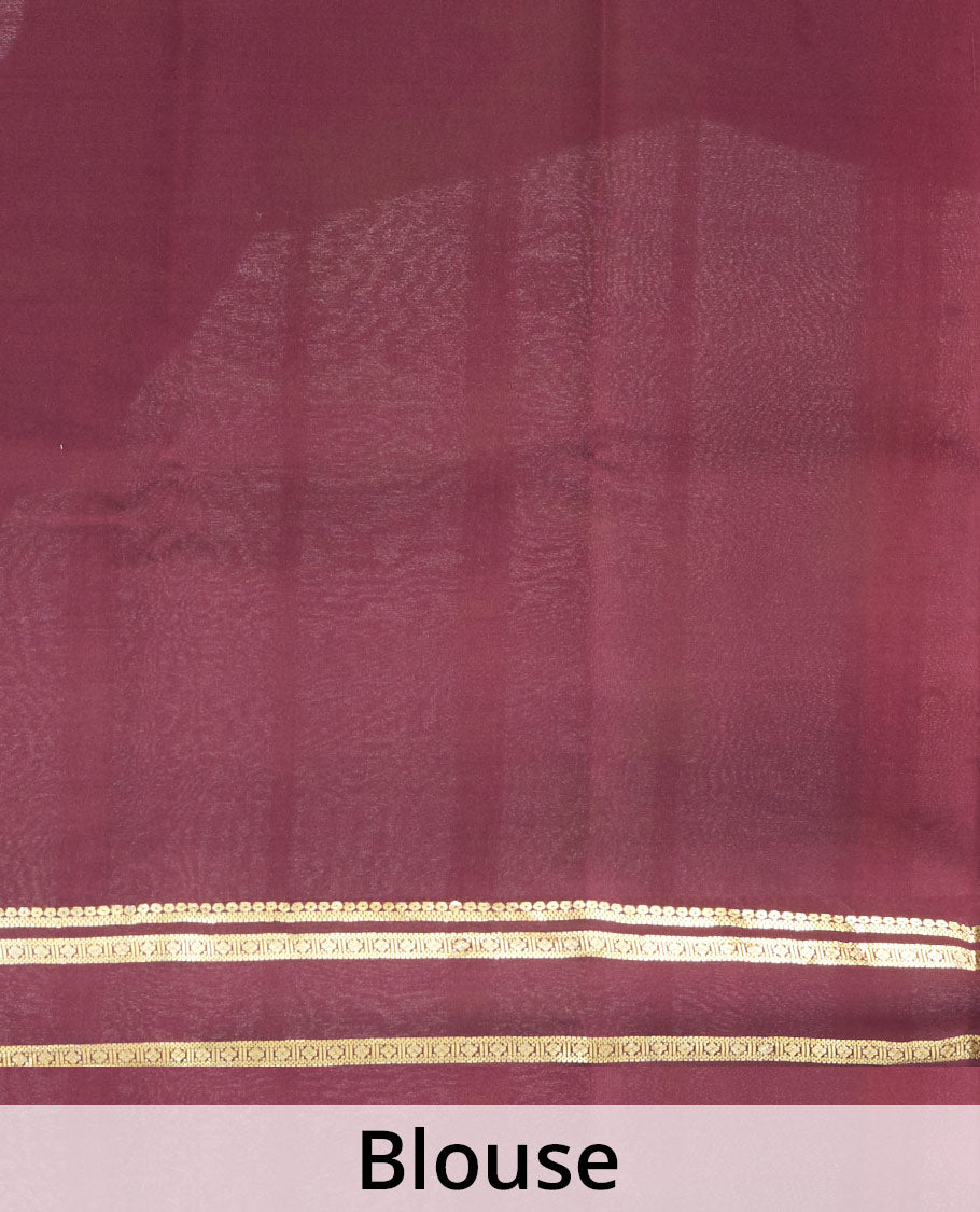 Apple Red Mysore Silk Saree Adorned with Small-Sized Buttas All Over Its Body, Complemented by a Contrast Rettai Pettu Border of Traditional Zari Designs, a Simply Sparkled Pallu of Zari Stripes, and a Contrast Blouse