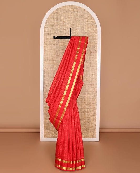 Red checked kancheepuram silk saree with rettai pettu zari design border & floral design pallu