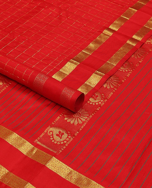 Red checked kancheepuram silk saree with rettai pettu zari design border & floral design pallu