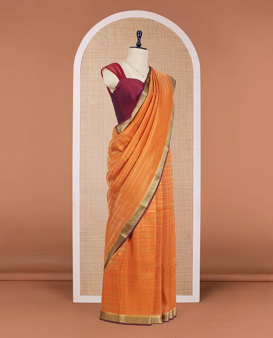 Orange Mysore Silk Saree Steeped with Geometric Zari Patterns All Over Its Body, Complemented by a Contrast Border of Traditional Zari Designs, a Grandly Woven Pallu of Jaal Design, and a Contrast Blouse
