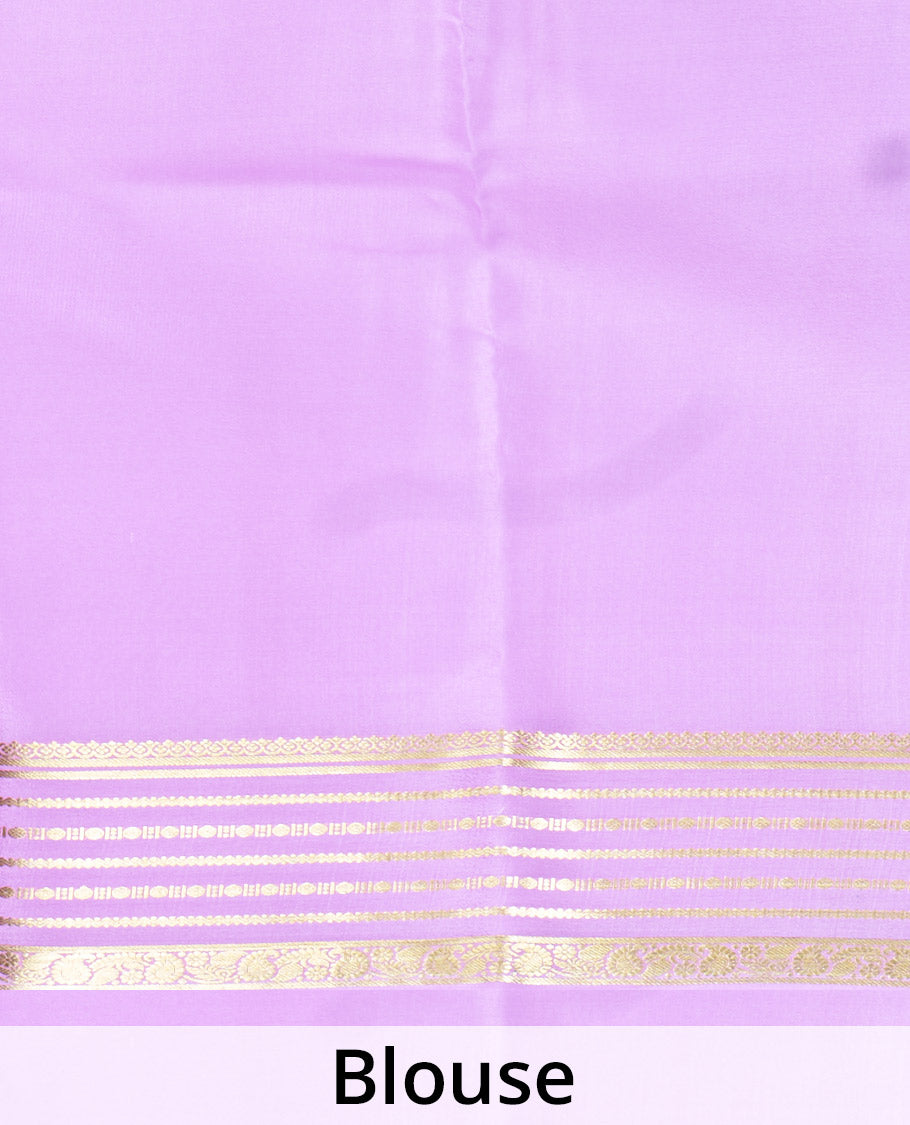 Green Plain Mysore Silk Saree, Delicately Woven by a Contrast Varisai Pettu Border of Traditional Zari Designs, a Subtly Sparkled Pallu of Zari Stripes, and a Contrast Blouse