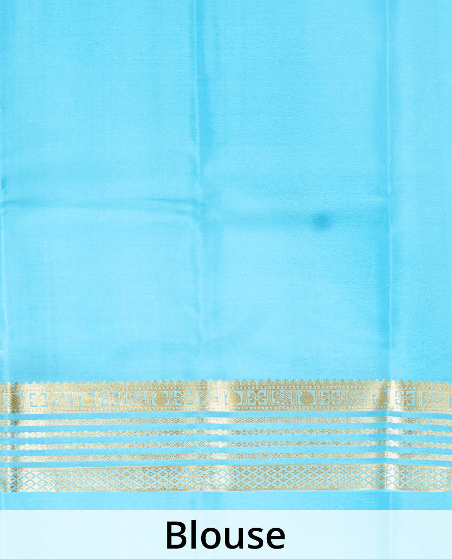 Blue Plain Mysore Silk Saree, Enthralled by a Contrast Varisai Pettu Border of Traditional Zari Designs, a Subtly Sparkled Pallu of Zari Stripes, and a Contrast Blouse