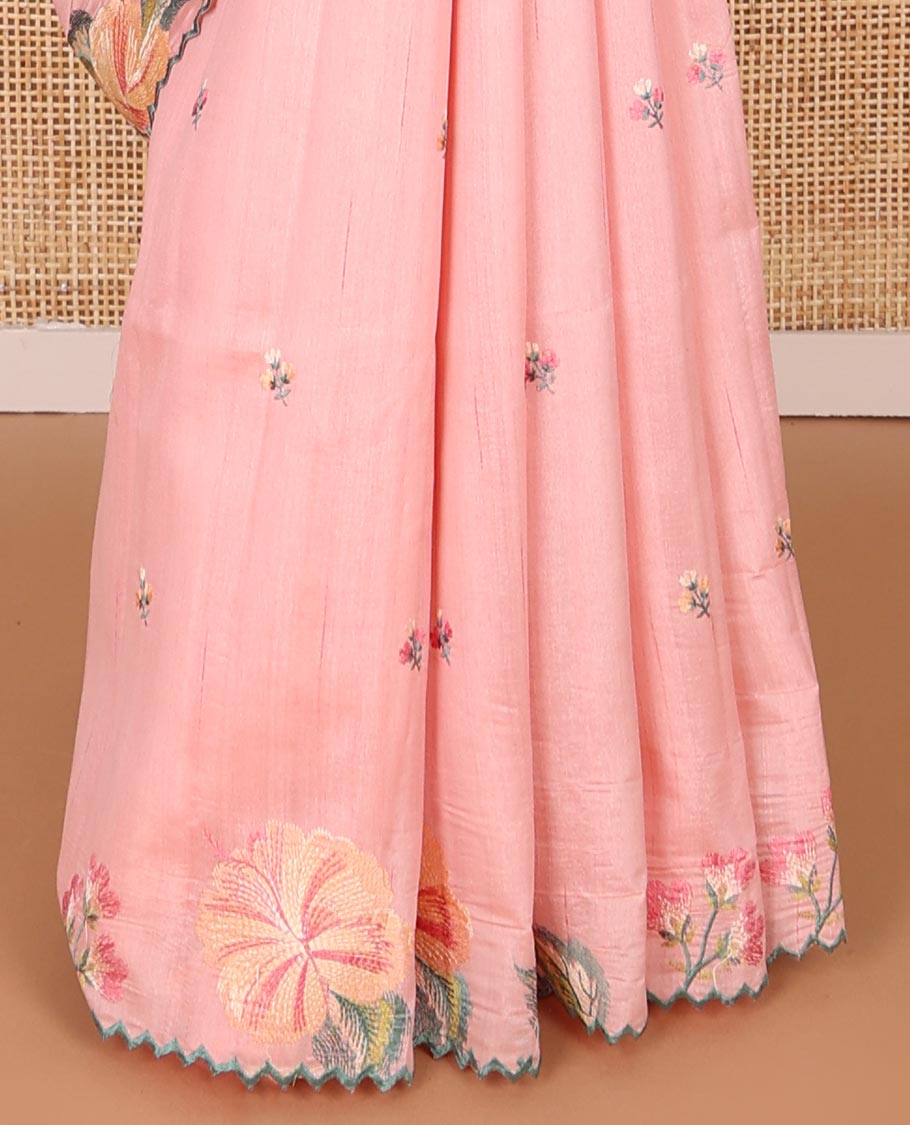 Light pink buttas organza saree with self floral embroidery, scallop border