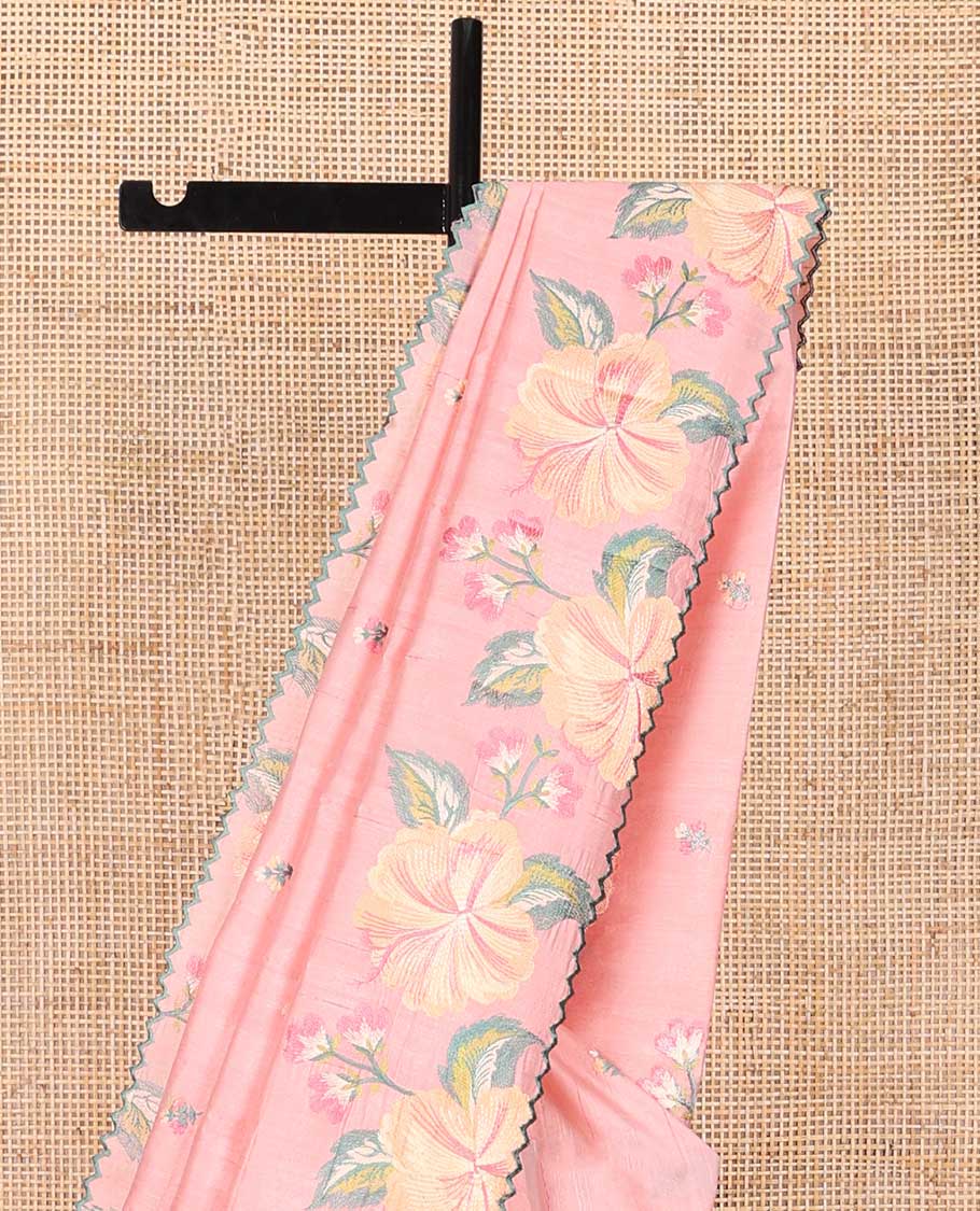 Light pink buttas organza saree with self floral embroidery, scallop border