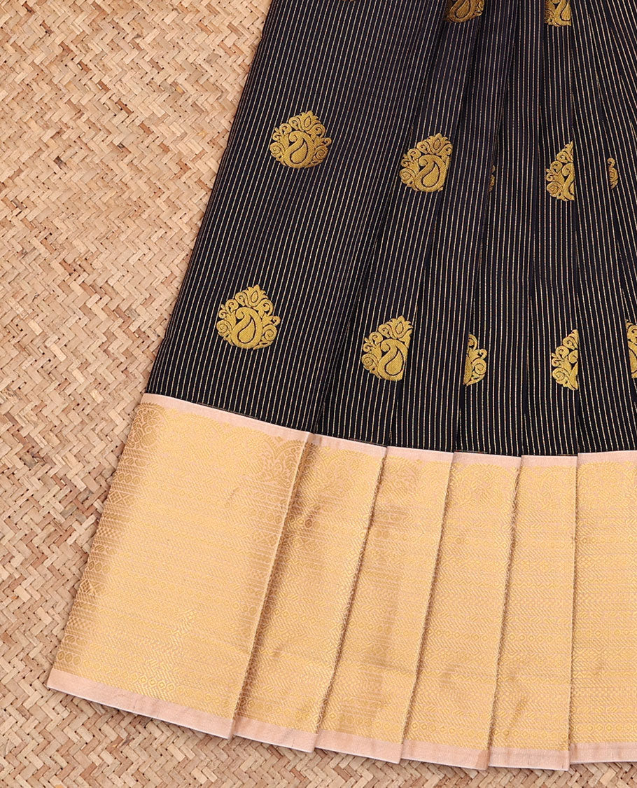 Black Budget Silk Saree, Detailed with Zari Stripes and Paisley Buttas All Over Its Body, Complemented by a Contrast Traditional Zari Design Border, Grand Pallu of Jaal Designs, and Paired with a Contrast Blouse