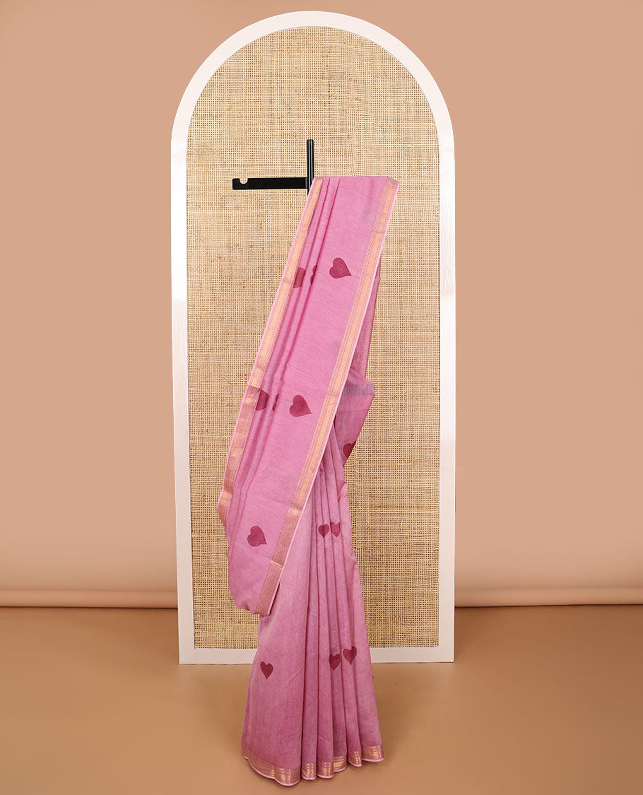 Pink heart motifs chanderi cotton saree with self zari border & striped zari pallu