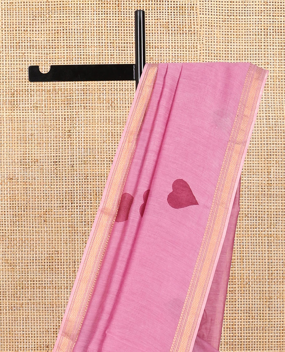 Pink heart motifs chanderi cotton saree with self zari border & striped zari pallu