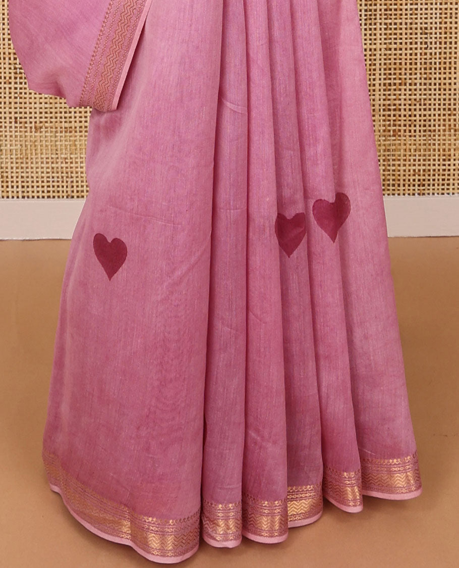 Pink heart motifs chanderi cotton saree with self zari border & striped zari pallu