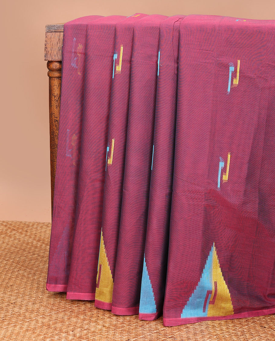 Borderless maroon geometric motifs kanchi cotton saree, pallu steeped with geometric motifs