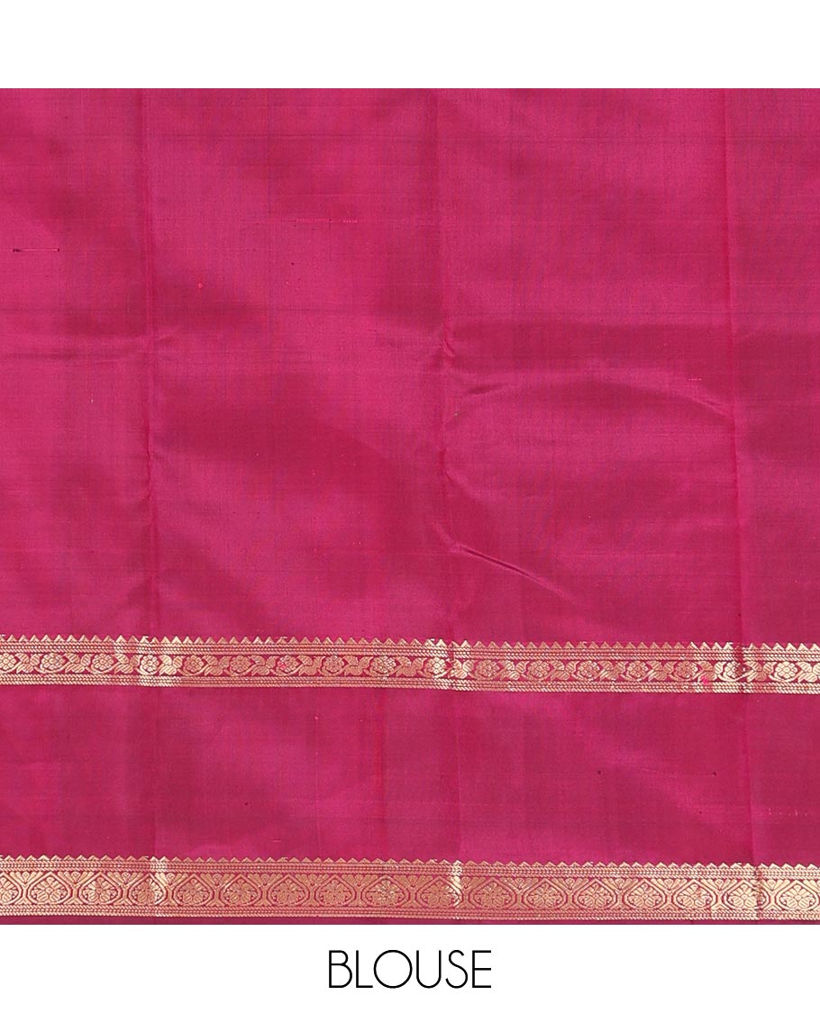 Red checked Kanchipuram silk saree, rettai pettu border of rekku, and jada nagam, and pallu of manga mokku, annam chakram, and Navagunjara designs
