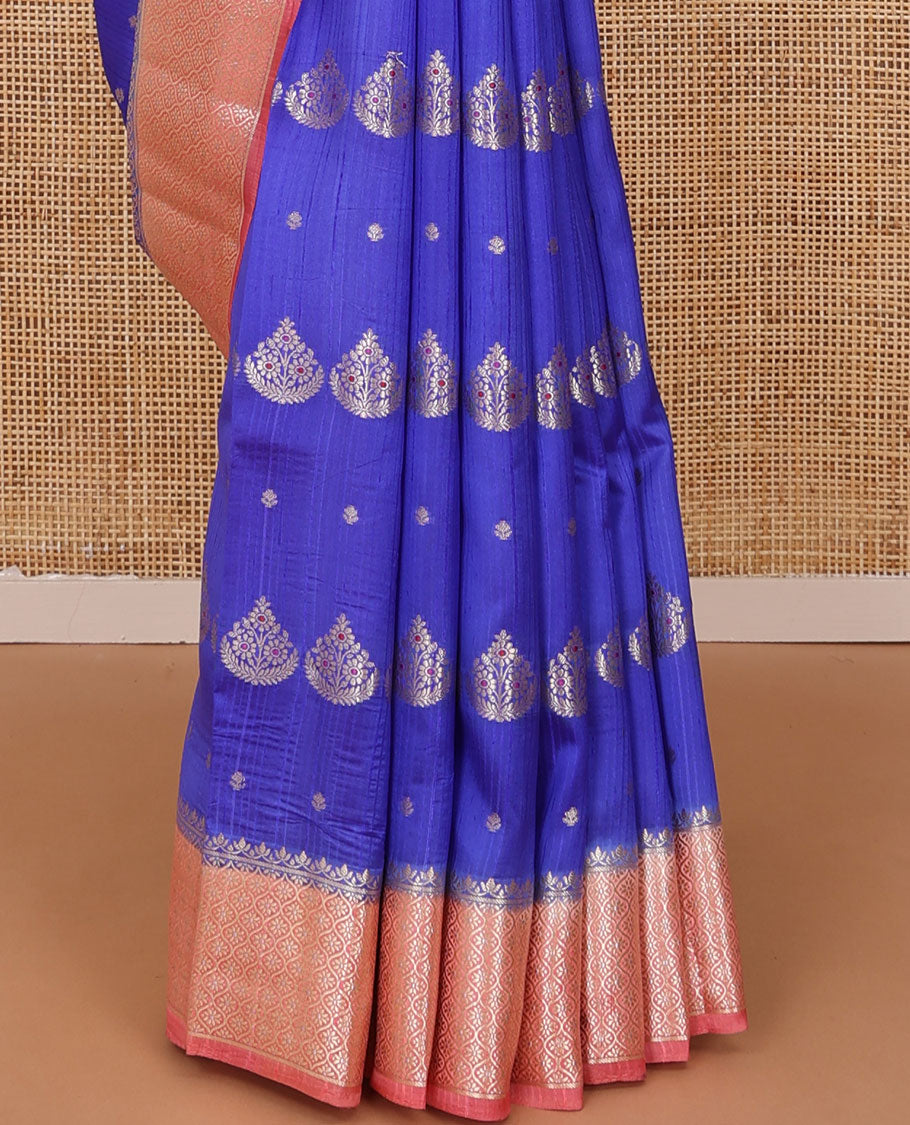 Royal blue floral meena buttas raw mango silk saree, contrast floral ogee patterned border, and floral design pallu