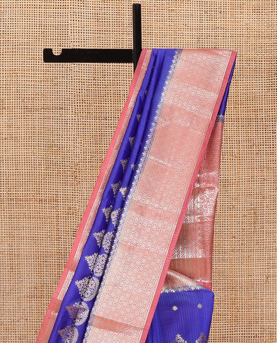 Royal blue floral meena buttas raw mango silk saree, contrast floral ogee patterned border, and floral design pallu