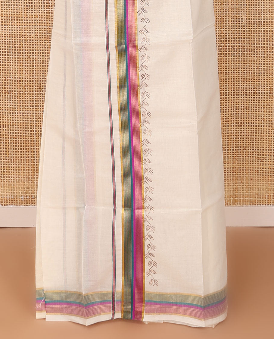 Cream plain Kerala mundu set with contrast multi-color striped border & micro-stone work