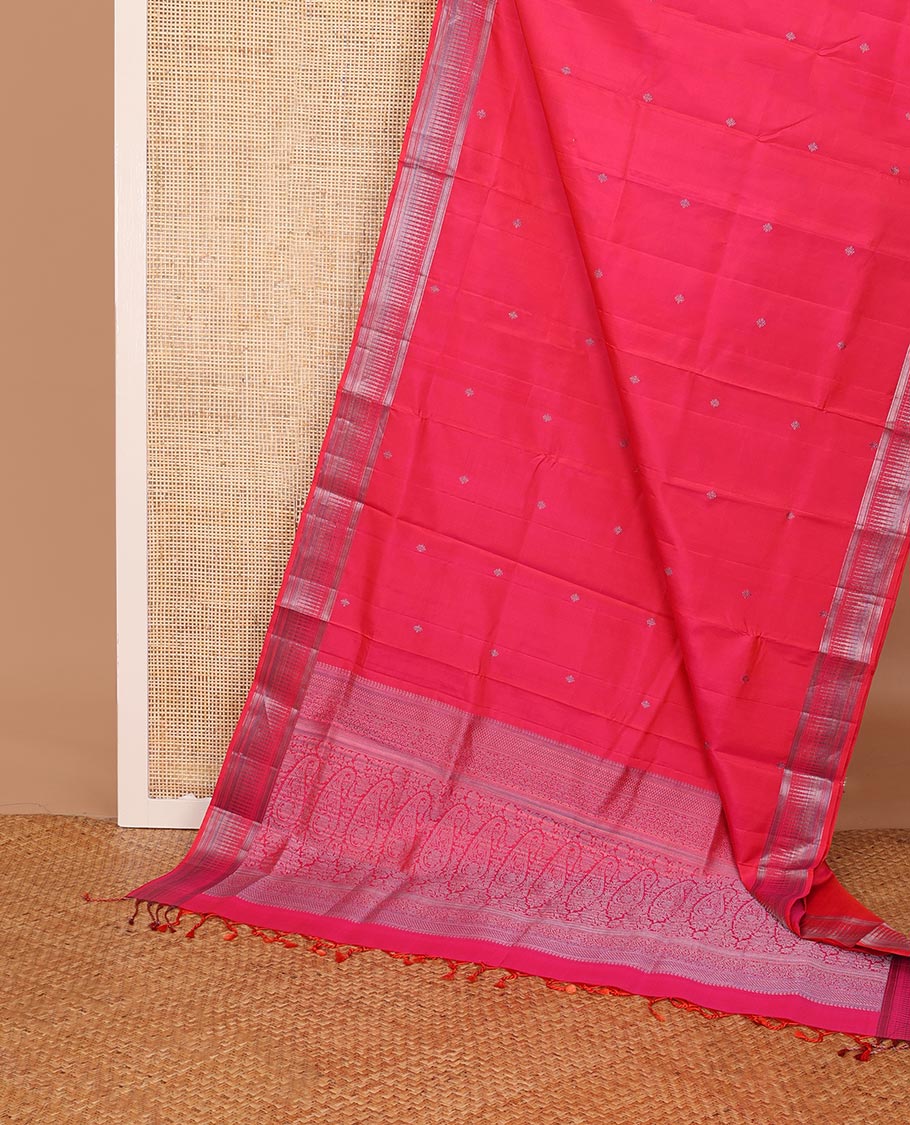 Pink zari buttas soft silk saree, zari thazampoo rekku border & manga design pallu