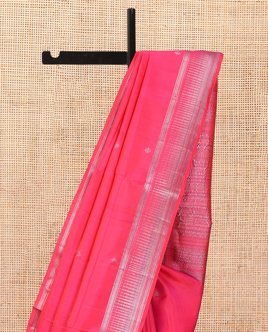 Pink zari buttas soft silk saree, zari thazampoo rekku border & manga design pallu