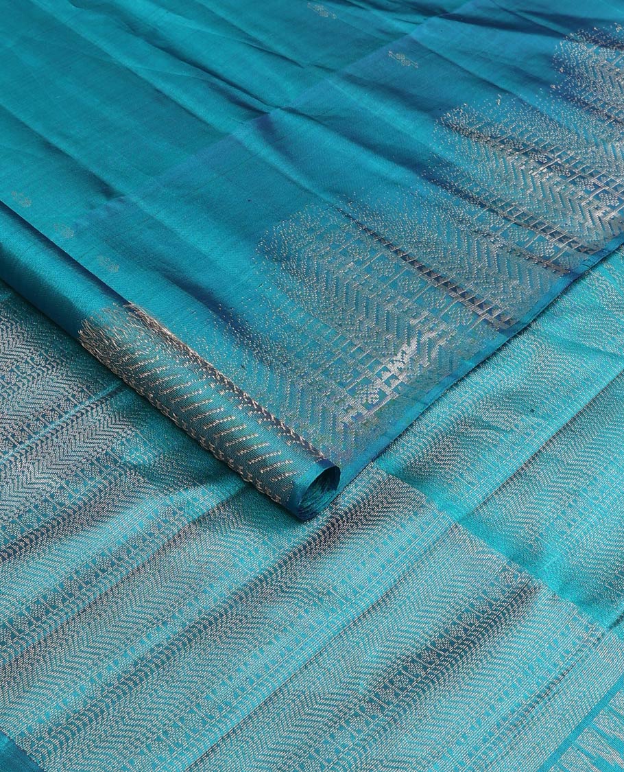 Blue zari buttas soft silk saree, zari border and pallu of ara bogudi, kathir, banaras, and lavangam designs