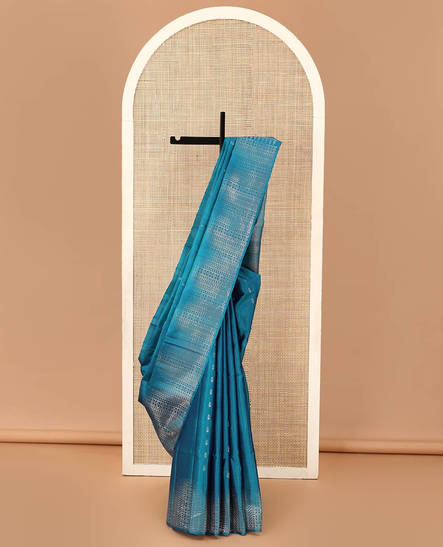 Blue zari buttas soft silk saree, zari border and pallu of ara bogudi, kathir, banaras, and lavangam designs