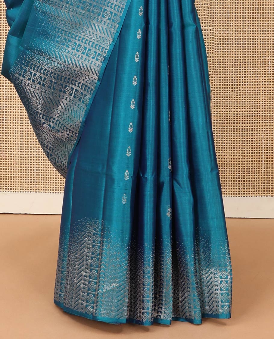 Blue zari buttas soft silk saree, zari border and pallu of ara bogudi, kathir, banaras, and lavangam designs