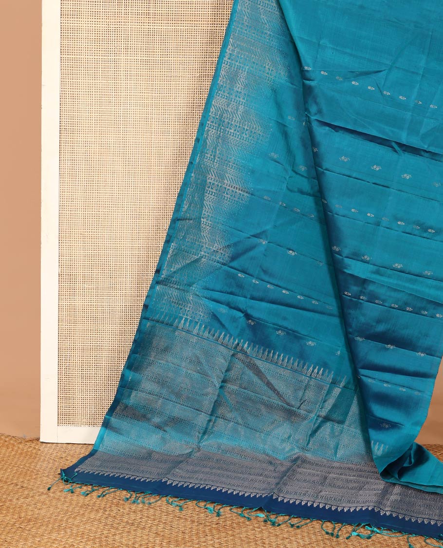 Blue zari buttas soft silk saree, zari border and pallu of ara bogudi, kathir, banaras, and lavangam designs