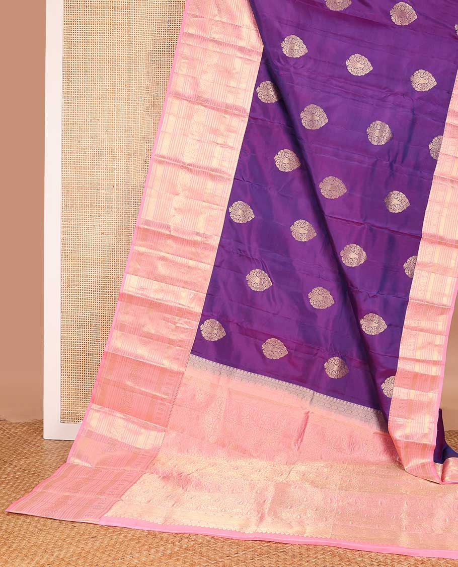 Violet silk saree with zari buttas, contrast border of thilakam mokku,kuyil kann, neli,muthu,banaras, and kodi visiry, and manga jaal pallu