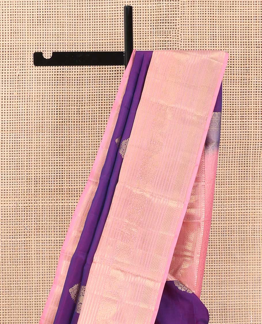Violet silk saree with zari buttas, contrast border of thilakam mokku,kuyil kann, neli,muthu,banaras, and kodi visiry, and manga jaal pallu