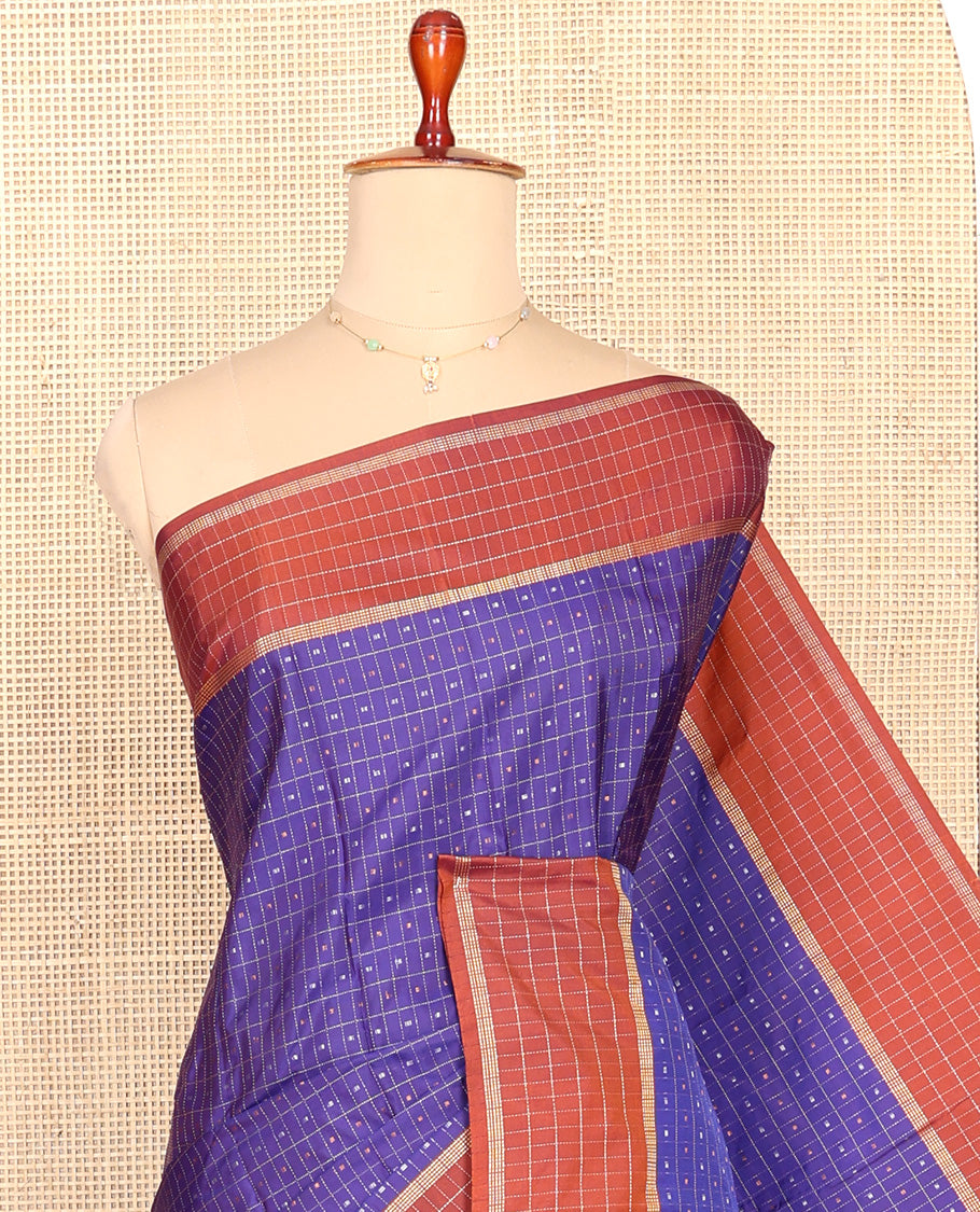 Violet Aarani Silk Saree, Boldly Accentuated with Butta-Enclosed Medium-Checked Design All Over Its Body, Complemented by a Contrast Checked Border, Checked Design Pallu, and Paired with a Matching Blouse