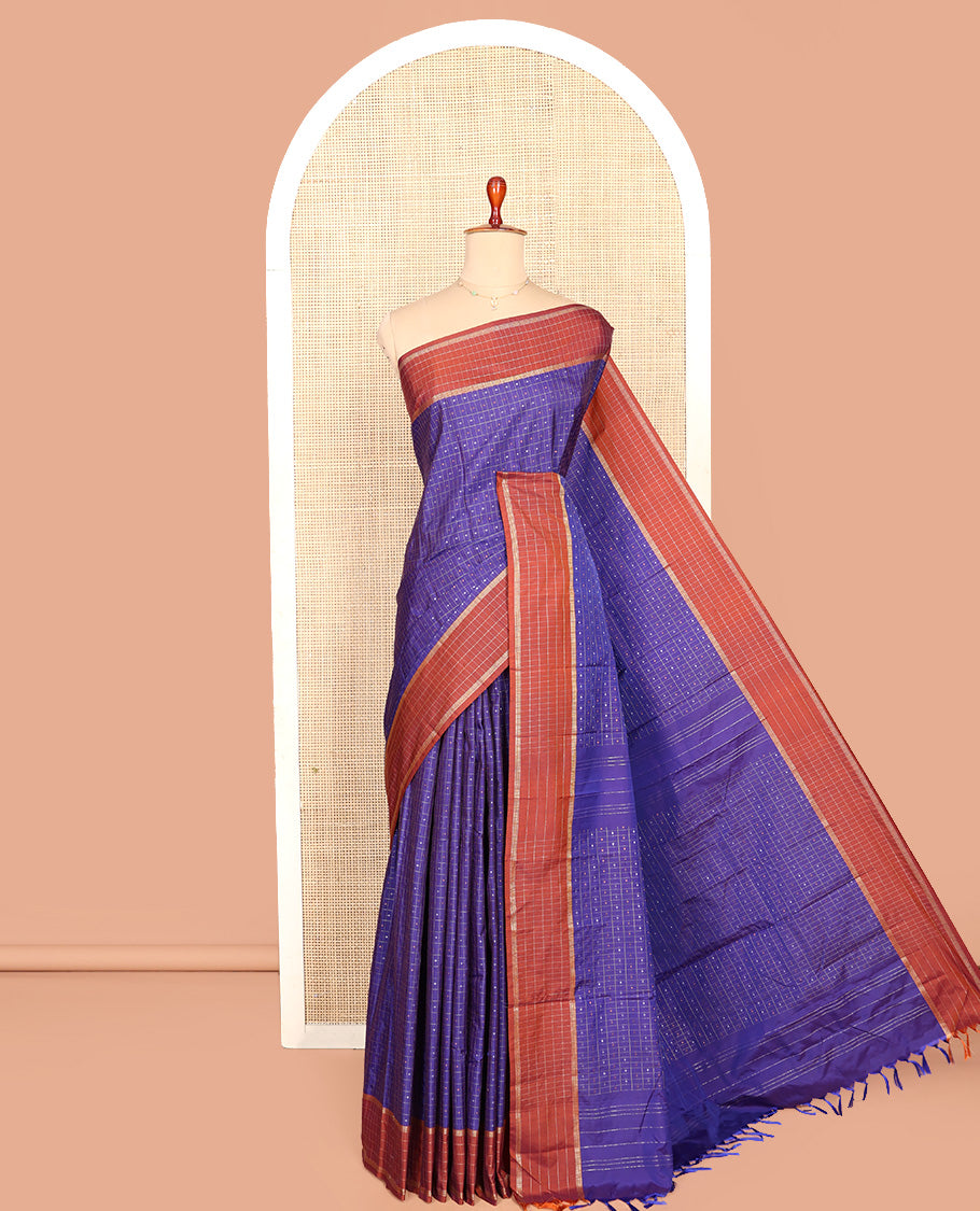 Violet Aarani Silk Saree, Boldly Accentuated with Butta-Enclosed Medium-Checked Design All Over Its Body, Complemented by a Contrast Checked Border, Checked Design Pallu, and Paired with a Matching Blouse