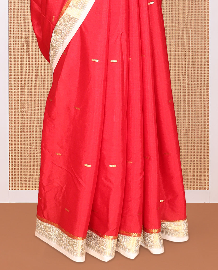 Red Plain Mysore Silk Saree, Complemented by a Contrast Traditional Zari Border, Zari Design Pallu, and a Contrast Blouse