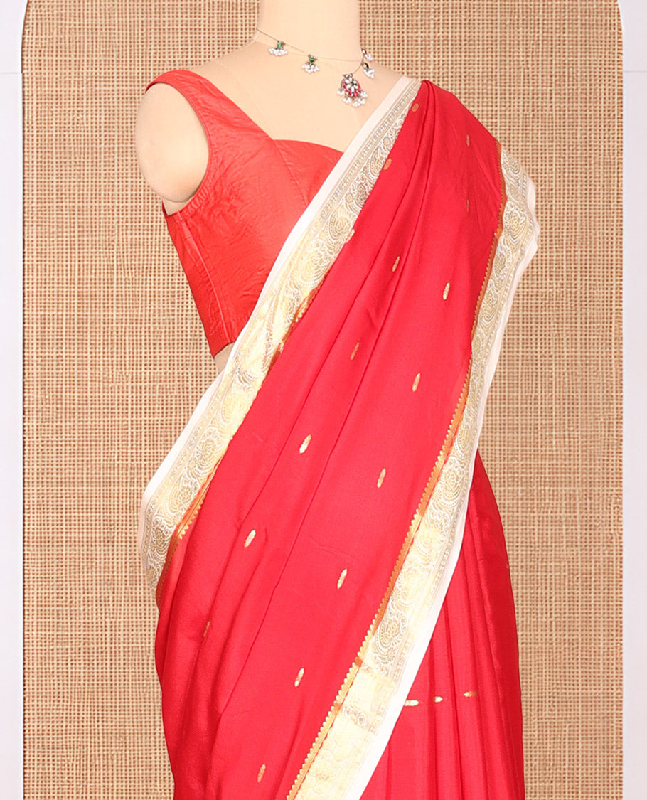 Red Plain Mysore Silk Saree, Complemented by a Contrast Traditional Zari Border, Zari Design Pallu, and a Contrast Blouse