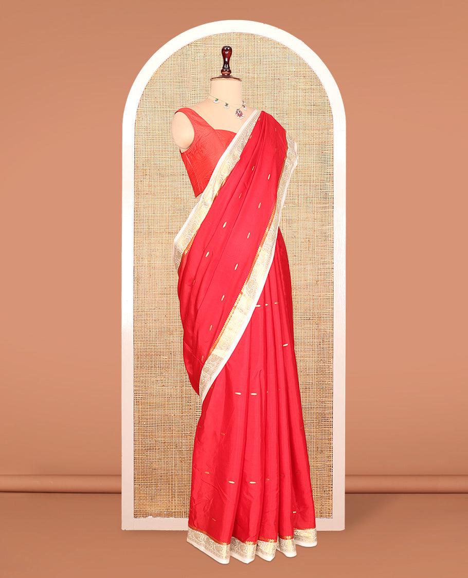 Red Plain Mysore Silk Saree, Complemented by a Contrast Traditional Zari Border, Zari Design Pallu, and a Contrast Blouse