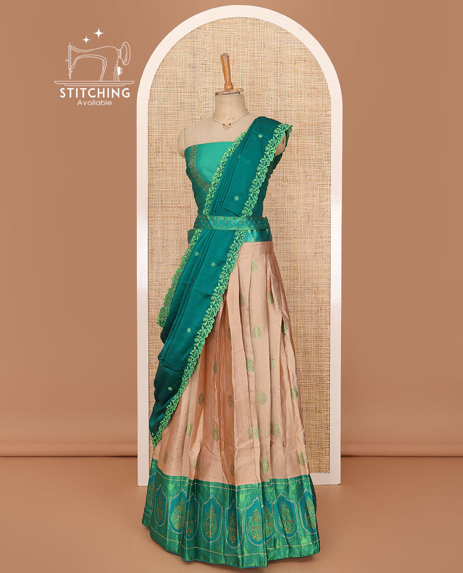 Sandal lehenga set, embossed zari buttas skirt, contrast Mughal motifs stone border, jacquard stonework blous, and scallop embroidery dhavani