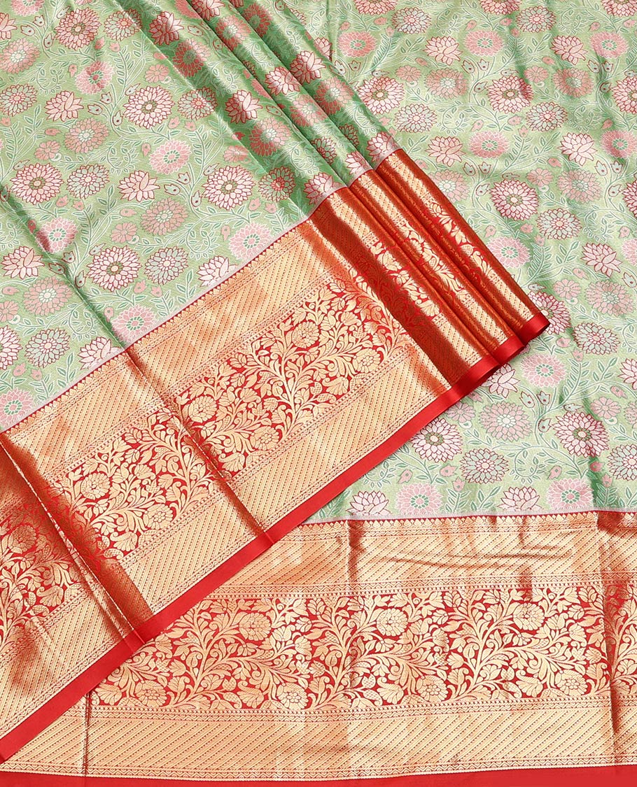 Green Art Silk Half-Saree, Adorned with Floral Jacquard Design, Contrast Traditional Zari Border, Paired with a Contrast Jacquard Blouse, and an Intricate Dhavani