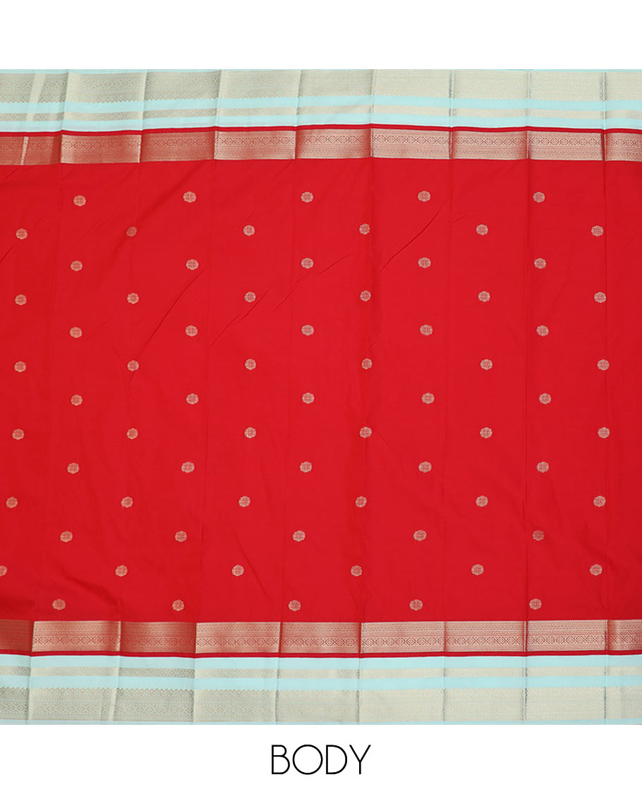 Red zari buttas budget silk saree, contrast traditional zari border, and zari pallu