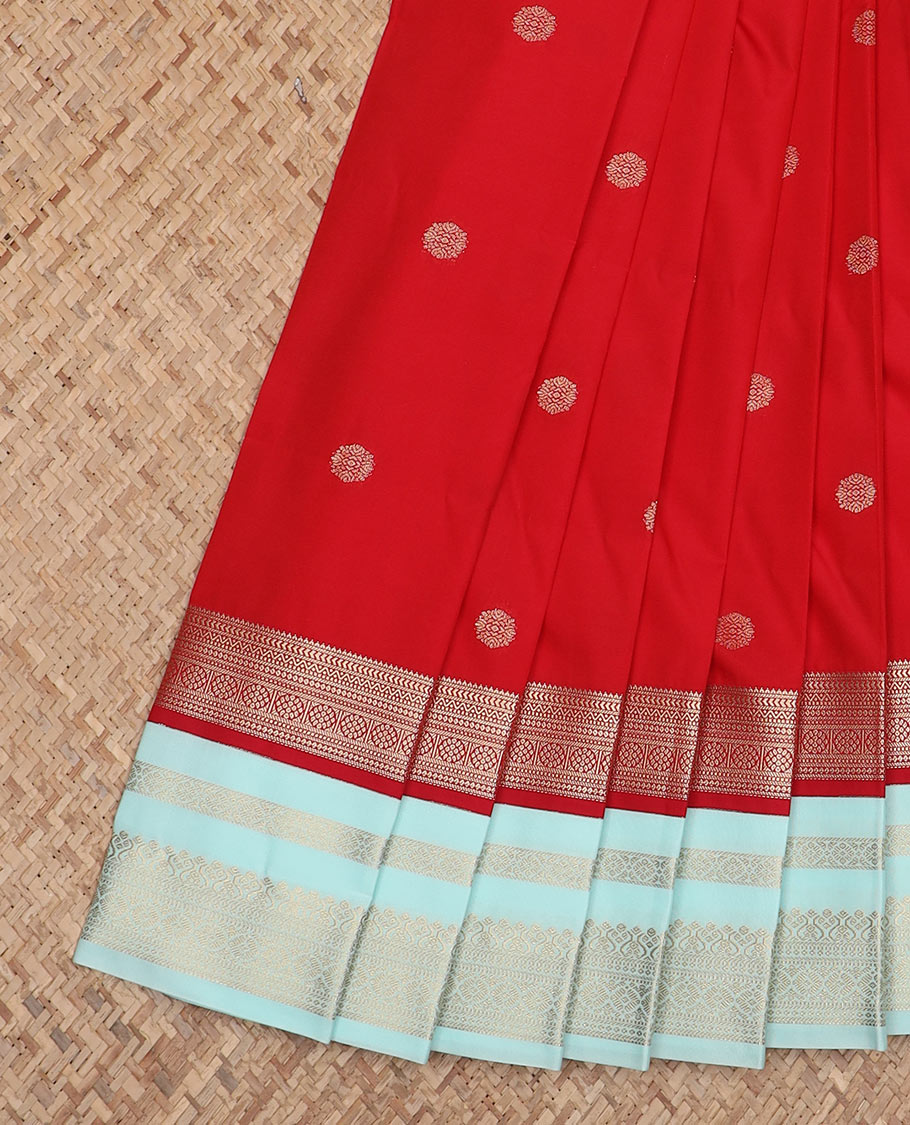 Red zari buttas budget silk saree, contrast traditional zari border, and zari pallu