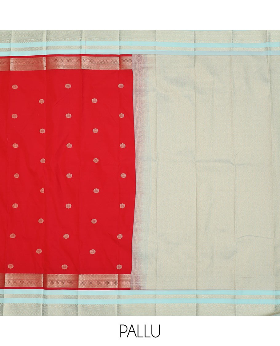 Red zari buttas budget silk saree, contrast traditional zari border, and zari pallu