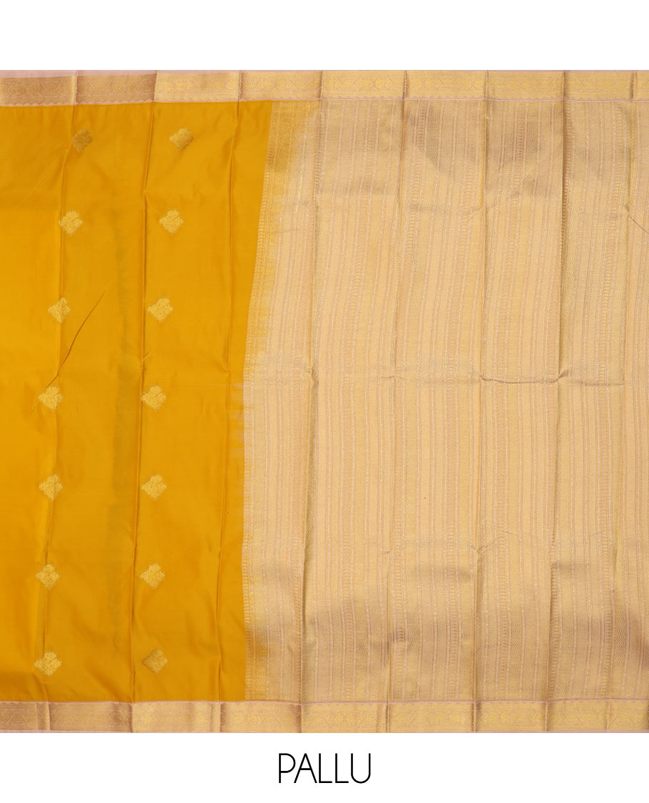 Yellow zari buttas budget silk saree, contrast border, and pallu of traditional zari designs