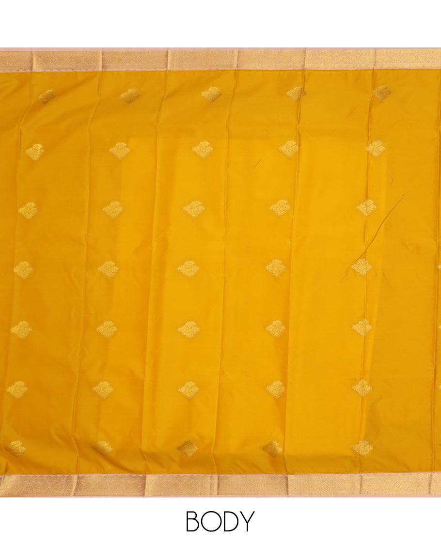 Yellow zari buttas budget silk saree, contrast border, and pallu of traditional zari designs