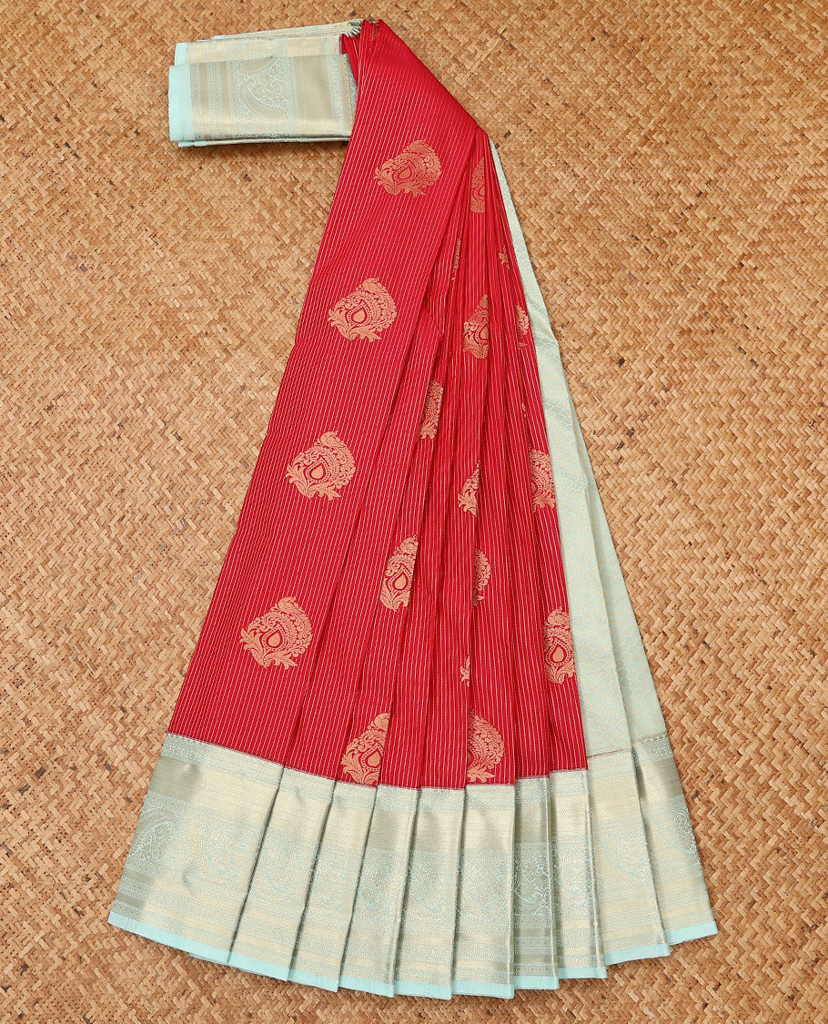 Red zari design budget silk saree, contrast traditional zari border, and pallu of intricate designs
