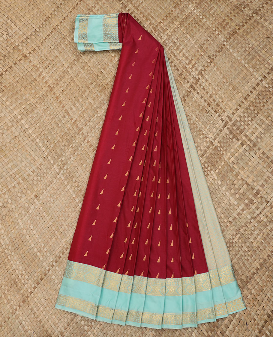 Red Budget Silk Saree Adorned with Zari Buttas Across Its Body, Featuring a Contrast Traditional Zari Motifs Woven Rettai Pettu Border, Subtle Jaal Pallu, and Attached with a Contrast Blouse